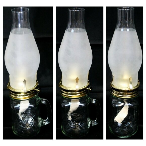 Golden Harvest Drinkin Canning Style Jar Hurricane Lamp Oil Frosted Handle Glass - Picture 2 of 12